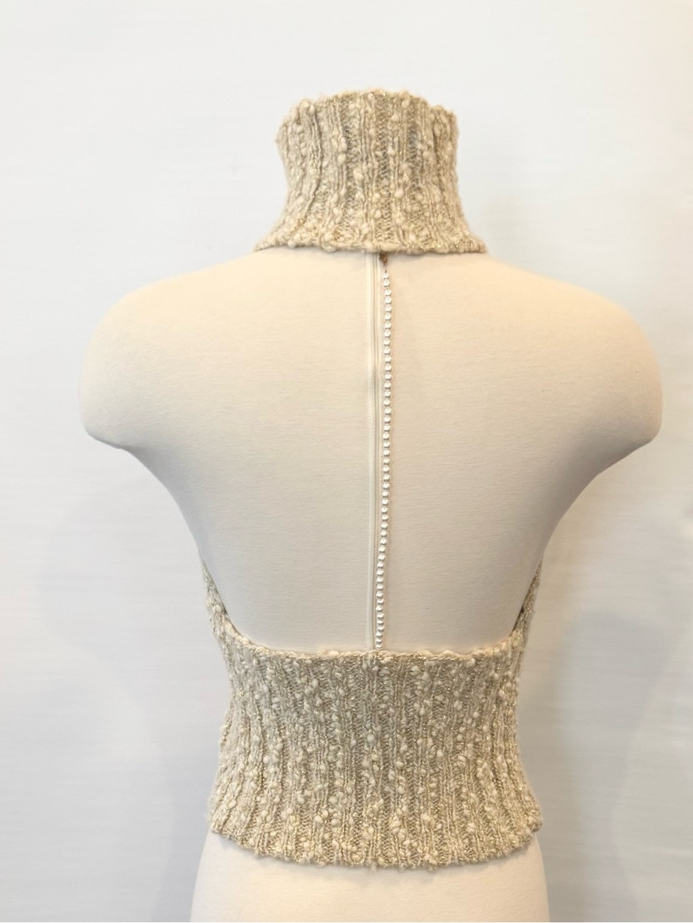EXPRESS Wool Blend Cream Metallic Gold Knit Vintage Holiday Halter Sweater Top M - Picture 5 of 15